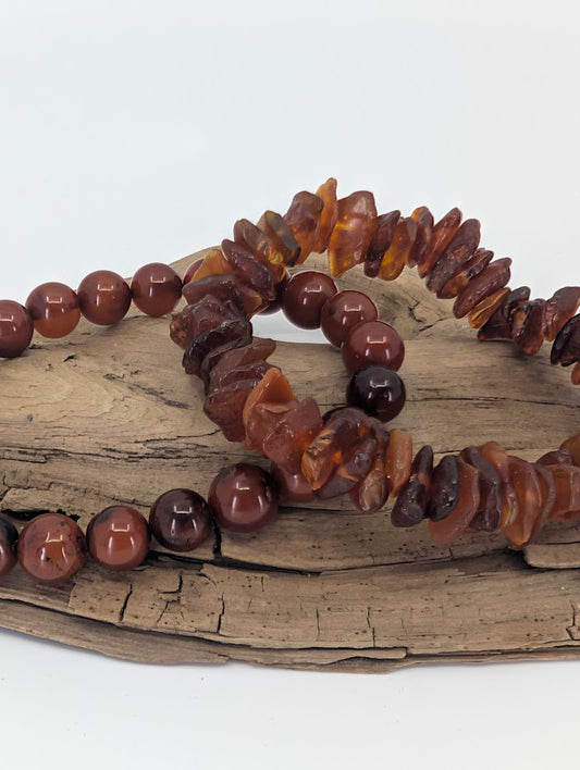 Baltic Amber Bracelets – angled close-up showing polished 8mm beads and raw amber chips