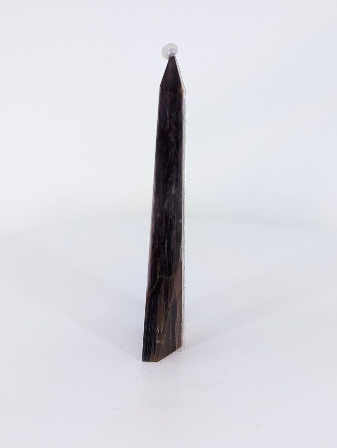 Side view of Purple Mica Tower showing metallic sheen and fibrous mica texture from Madagascar.