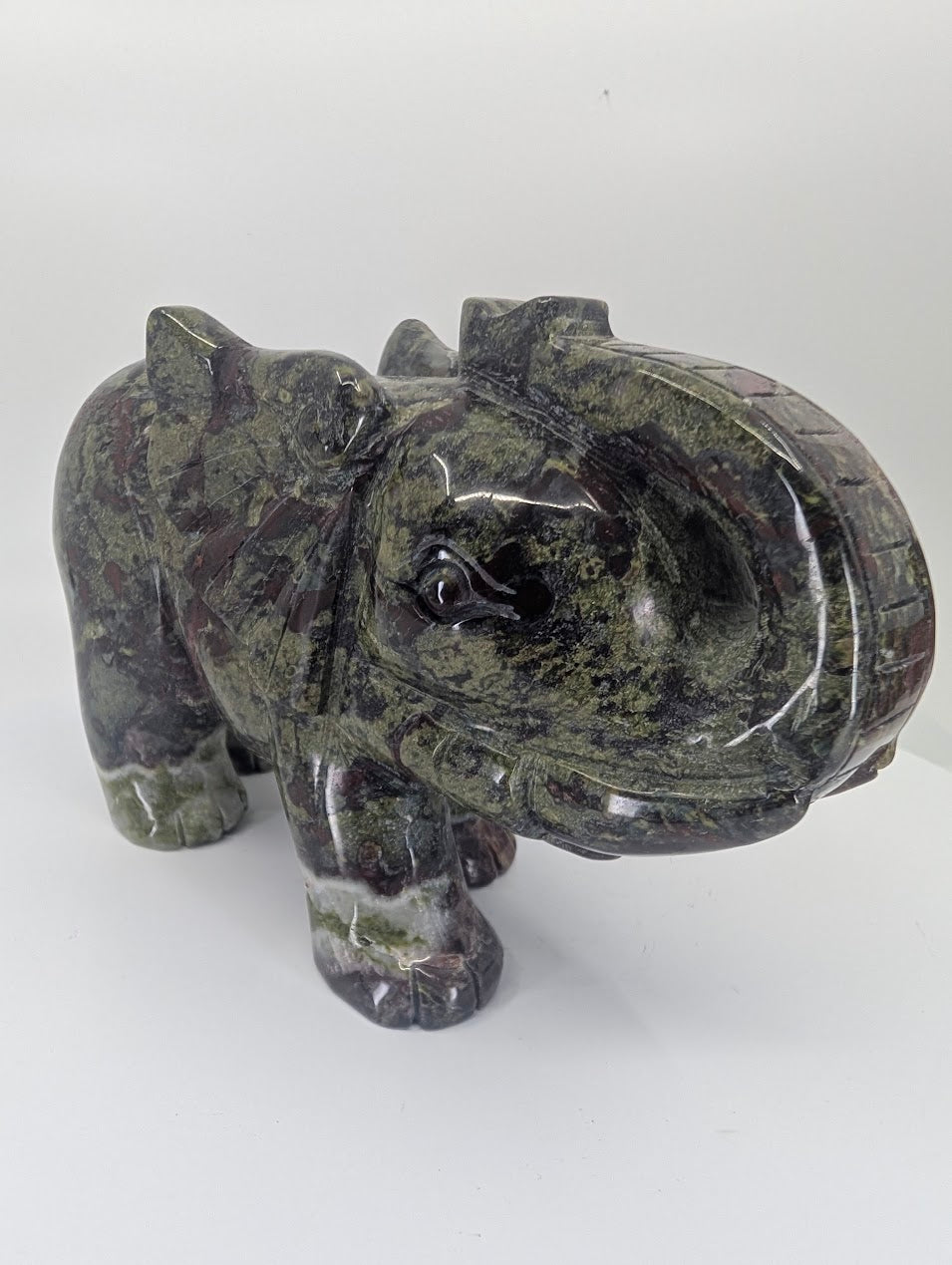 African Bloodstone elephant carving, 1.26 kg, front view