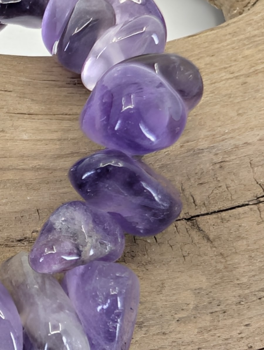 Close-up of Amethyst chips highlighting the irregular natural forms and high-clarity violet quartz.