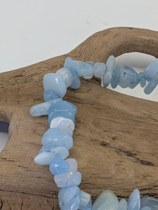 Close-up of Aquamarine chips highlighting the natural irregular forms and semi-translucent blue beryl fragments.