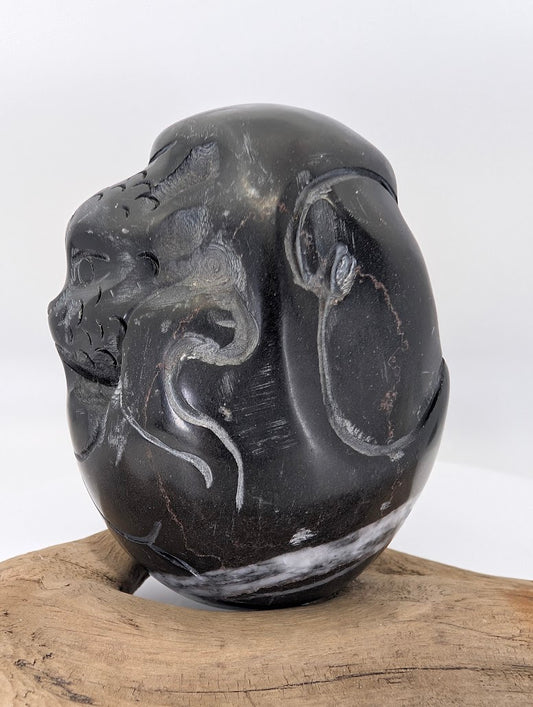 Side profile of a hand-carved Black Chu Stone Dragon from China, showing the high-relief scale detail.