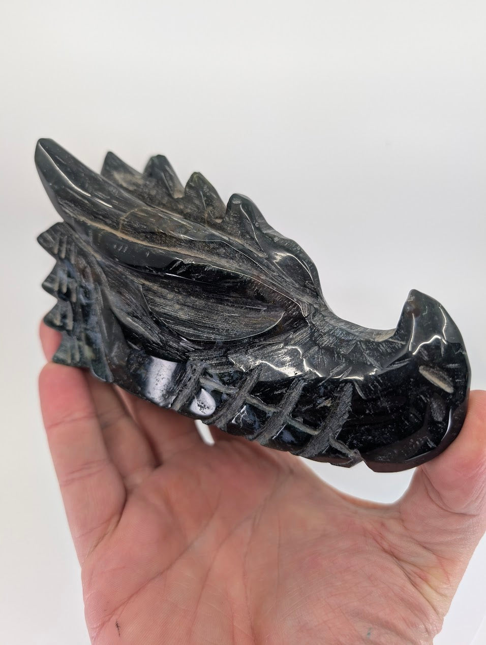 Handheld view of black obsidian dragon head highlighting size and gloss