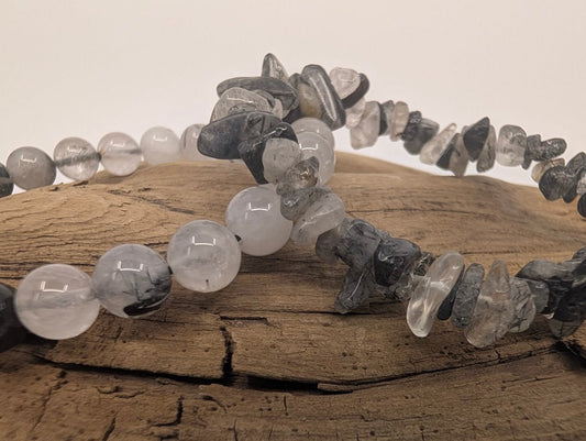 Black Rutile Quartz / Tourmalinated Quartz Bracelets – Chip & 8mm Beads - Legacy Crystals and Minerals