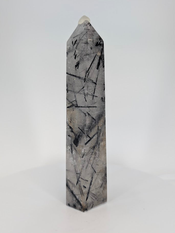 Black Tourmaline in Quartz tower from Brazil – front view