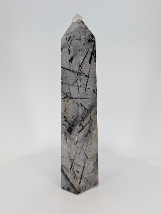 Black Tourmaline in Quartz tower from Brazil – front view