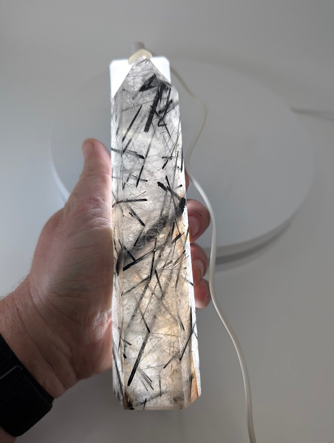 Backlit Black Tourmaline in Quartz showing clarity and depth