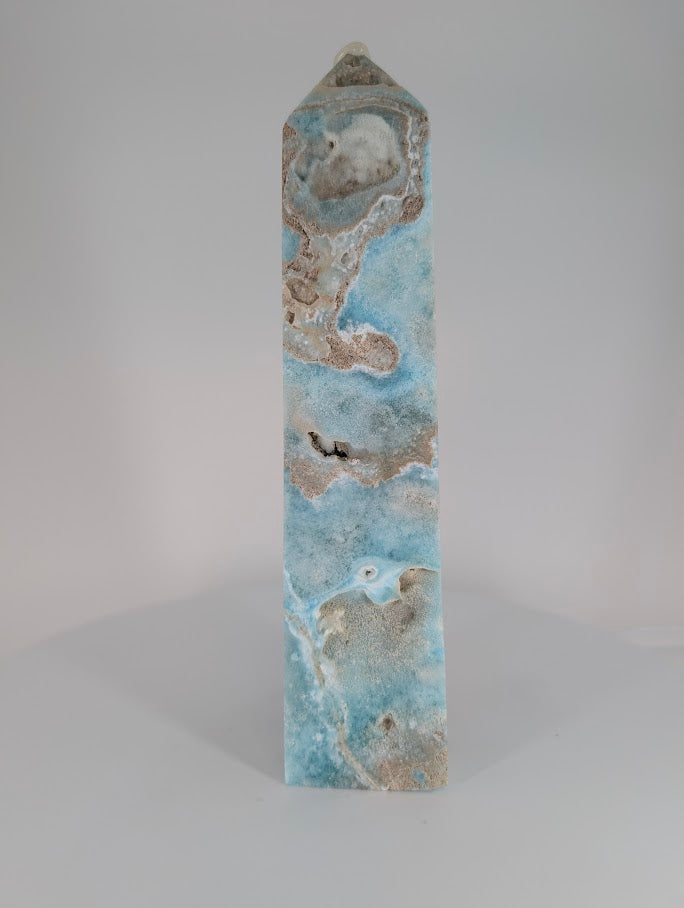 Blue Aragonite (Caribbean Calcite) Tower – front view showcasing oceanic blue banding and calcite matrix