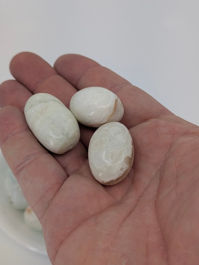 Blue Aragonite stones shown in hand for size reference