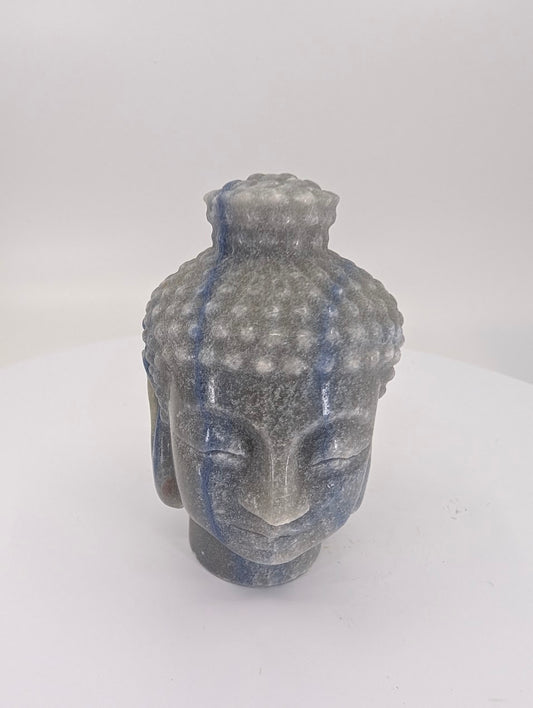 Blue Aventurine Buddha head carving, 8 cm, angled side perspective