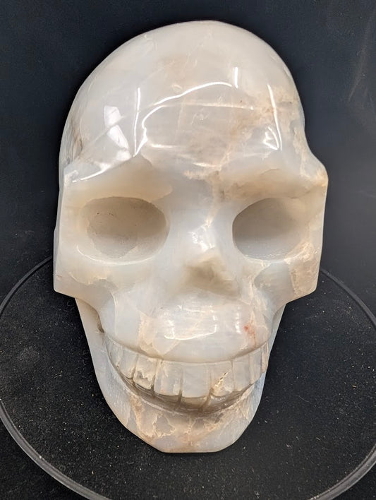 Blue Rose Quartz Skull front view — 3.57 kg polished carving from Madagascar