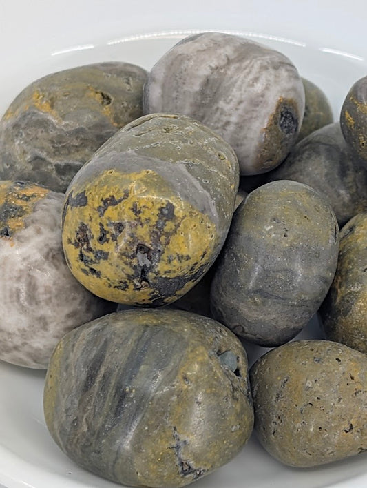 Close-up of Bumblebee Jasper tumbled stones showing yellow banding
