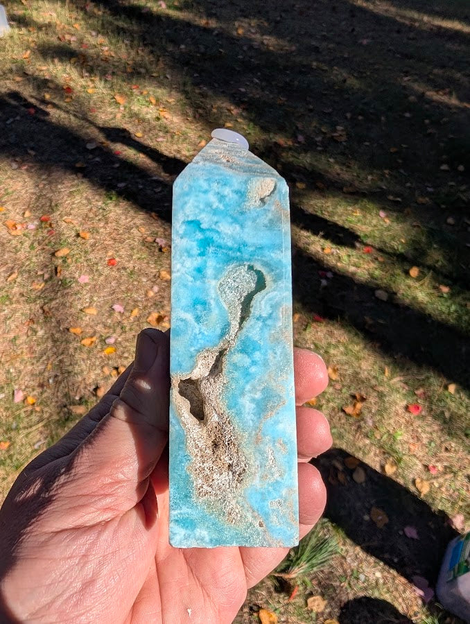 Caribbean Calcite Tower #1 back view – polished tower showing natural cavities and banding