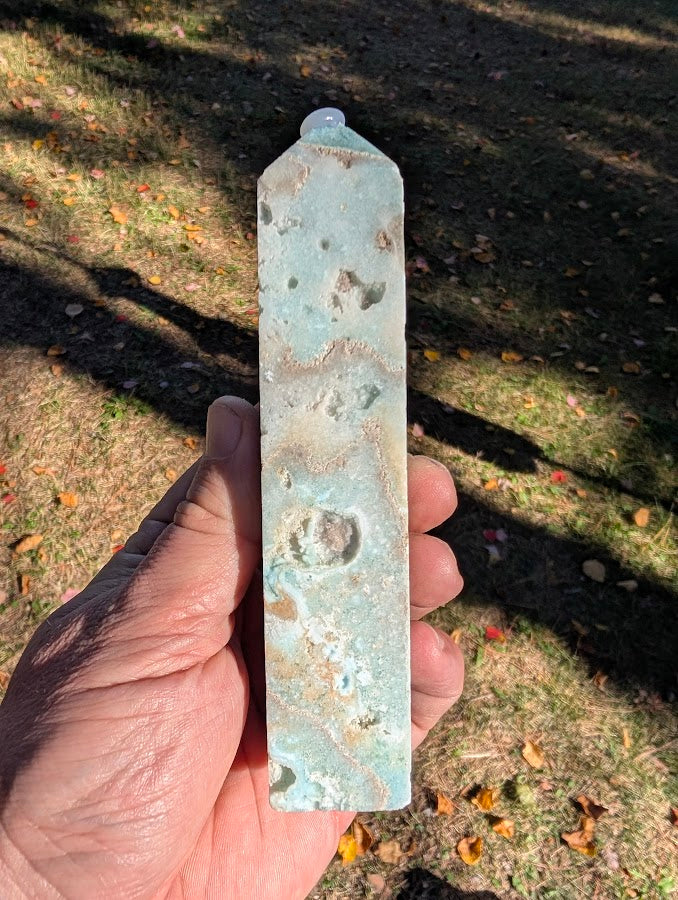 Caribbean Calcite Tower #2 back view – blue calcite and sandy beige aragonite with natural surface textures