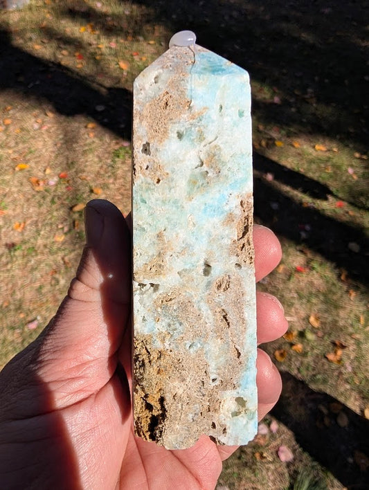 Caribbean Calcite Tower #3 back view — polished blue calcite with aragonite and surface vugs