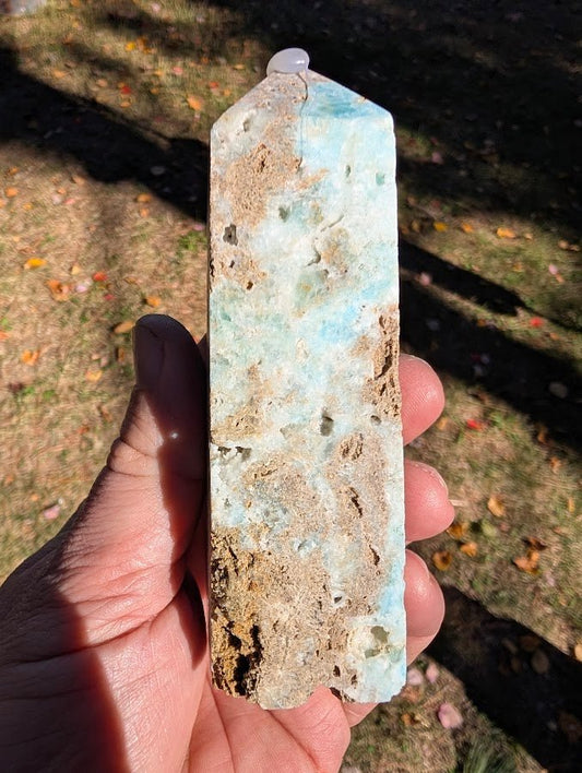Caribbean Calcite Tower #3 back view — polished blue calcite with aragonite and surface vugs
