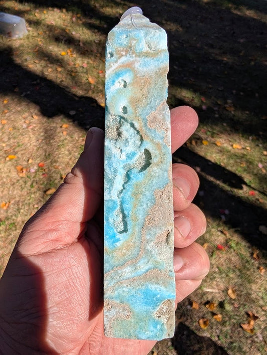 Caribbean Calcite Tower #4 back view — polished blue calcite with aragonite swirls