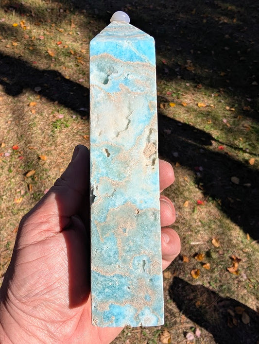 Caribbean Calcite Tower #5 back view — polished blue calcite with beige aragonite and surface textures