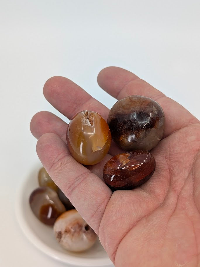 Hand holding polished Carnelian stones showing gloss and natural texture