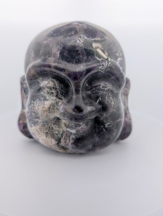 Dream Amethyst Laughing Buddha Head – polished face with deep lavender and violet zoning (Brazil)