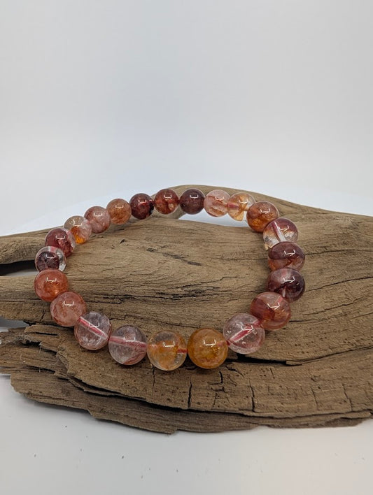 8MM Fire Quartz bracelet with clear crystal beads and red-gold inclusions