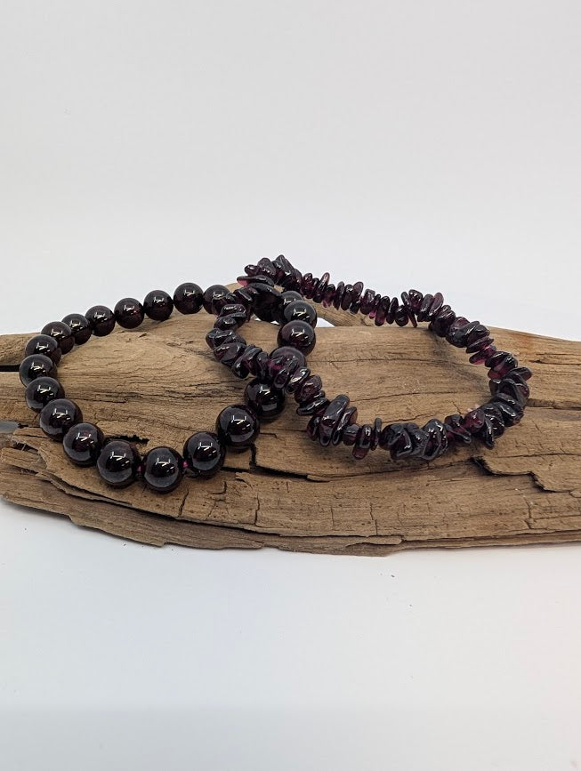 Garnet bracelets in 8mm round and chip on driftwood, glossy deep red