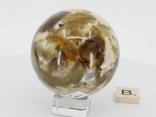 Exact-piece B: 68mm Golden Mica sphere featuring a mix of gold and olive-green mica plates with a clear quartz matrix.