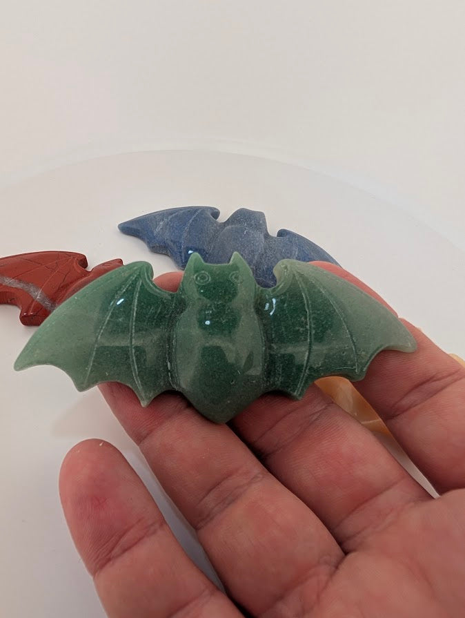 Green aventurine bat carving – close-up showing details
