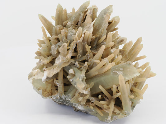 Angled perspective of green prase quartz specimen highlighting the separation of individual crystals.