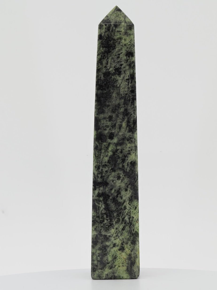 Polished Green Serpentine tower from Pakistan featuring deep forest green saturation and intricate black mineral veining.