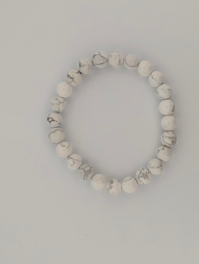 Overhead view of 8mm Howlite round bead stretch bracelet