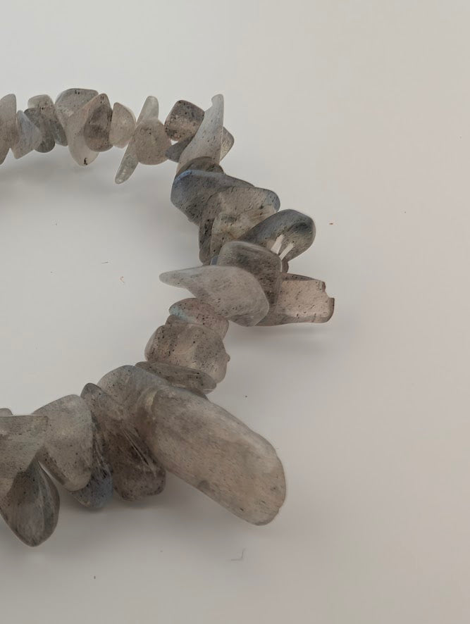 Close-up of labradorite chip bracelet highlighting natural texture and flash.