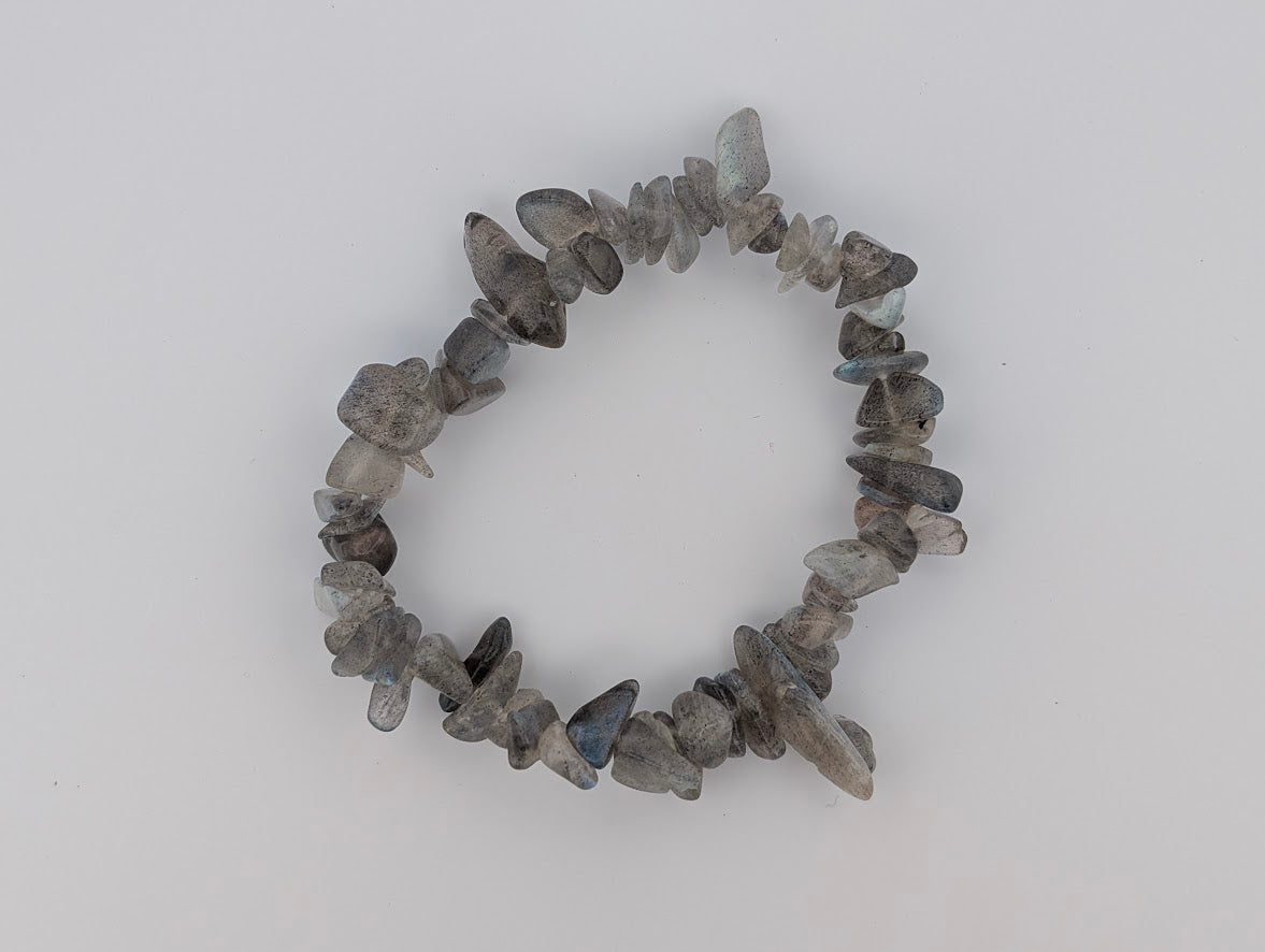 Top-down view of labradorite chip bracelet with free-form nuggets.