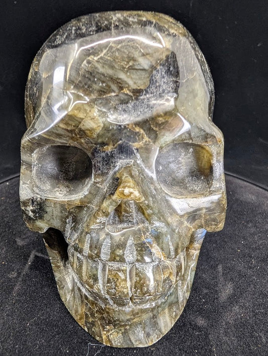 Labradorite skull, alternate front view with subtle flashes of labradorescence