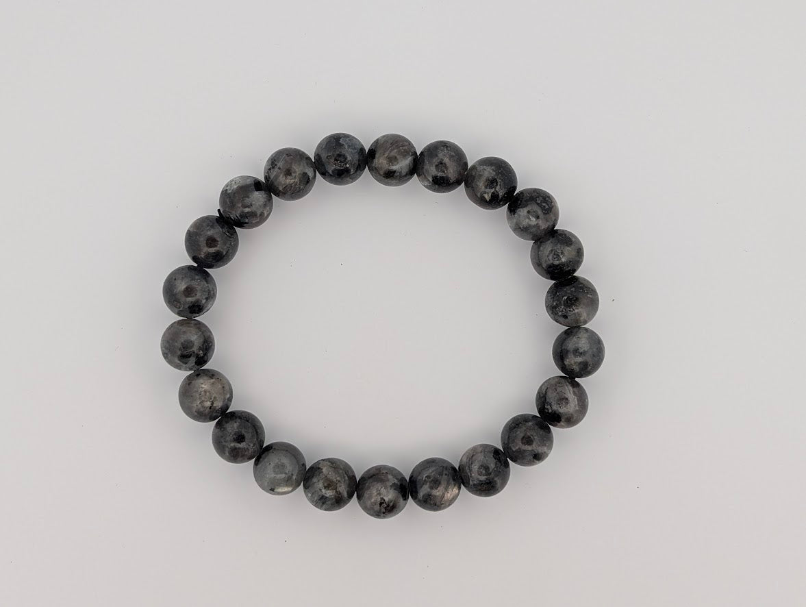 Larvikite 8mm bead bracelet laid flat in a circle