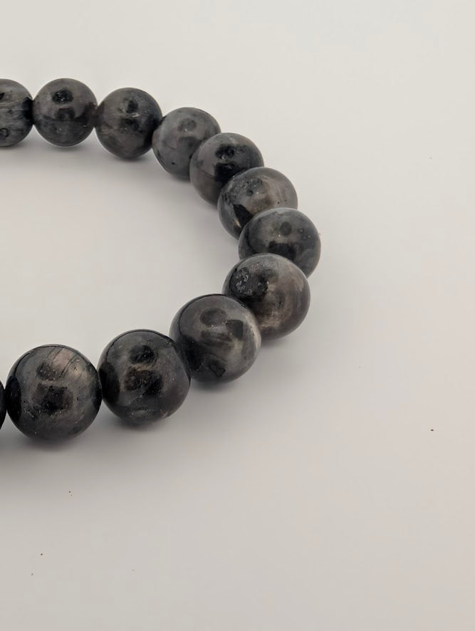 Macro side view of Larvikite bracelet highlighting grey tones and sheen