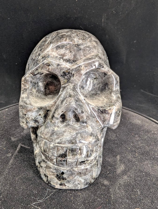 Larvikite skull, alternate front view with silvery shimmer and detailed carving