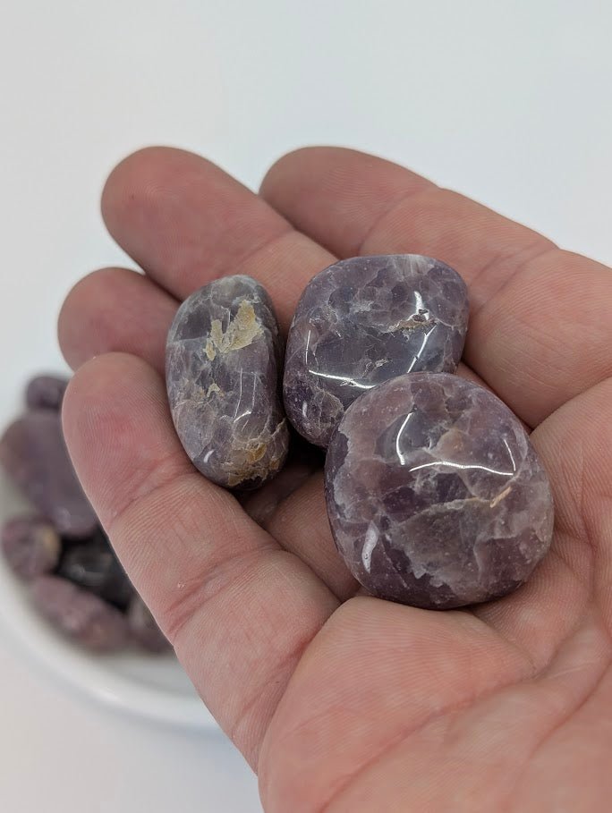 Lavender Rose Quartz tumbled stones in hand for scale