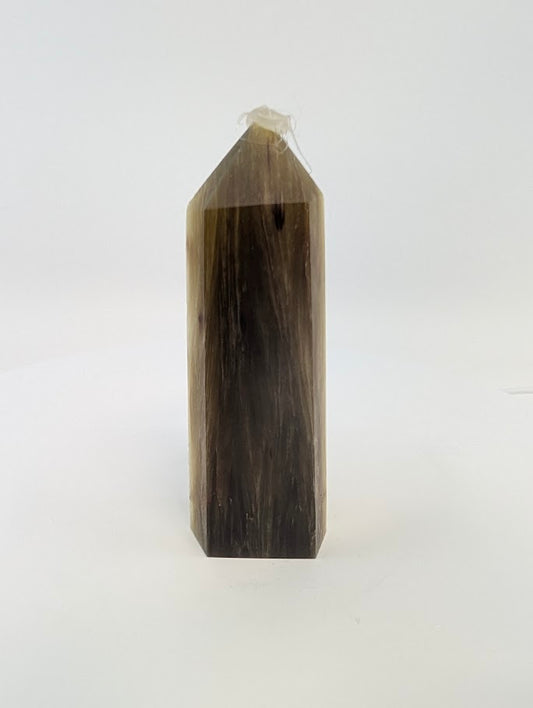 Left side view showing vertical fibrous pattern and golden-brown luster of Golden Mica