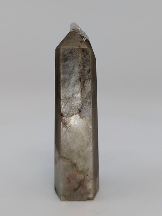 Front view of Golden Mica tower on quartz–calcite matrix from Hubei, China