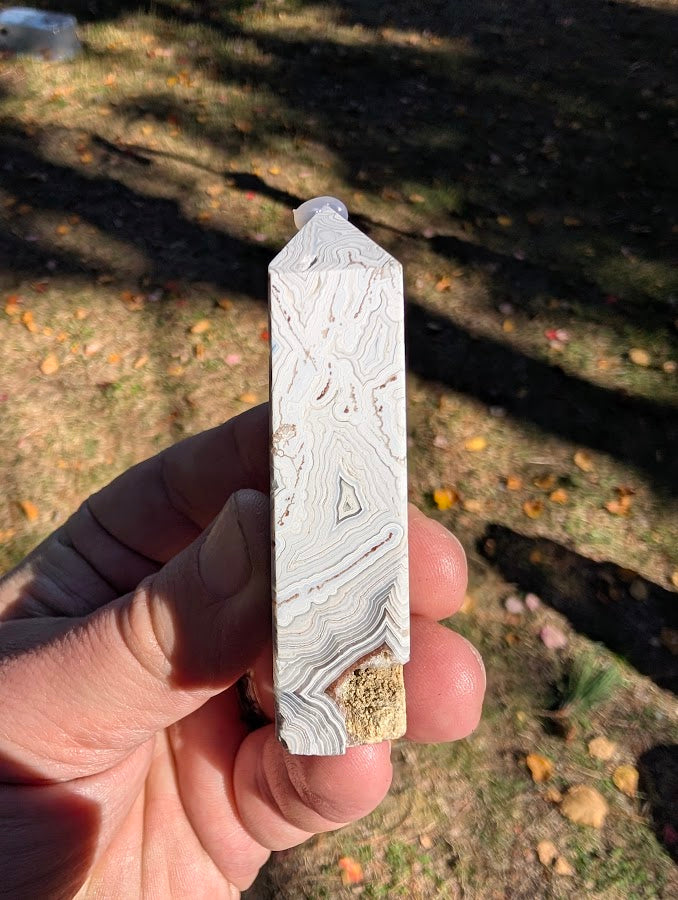 Mexican Lace Agate Tower #5 angled view — compact tower with sparkling druzy cavities