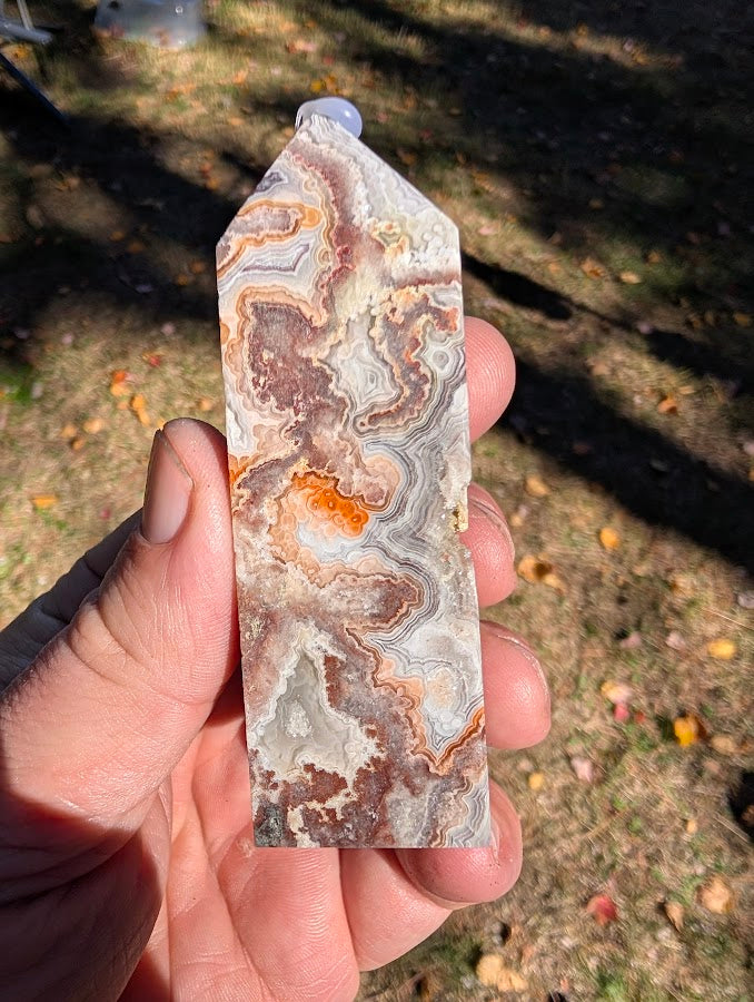 Mexican Lace Agate Tower #7 back view — intricate fortification patterns, cream/grey palette