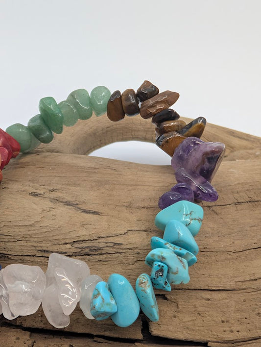 Closeup showing amethyst, green aventurine, tiger’s eye, red dyed chips and turquoise-coloured dyed howlite