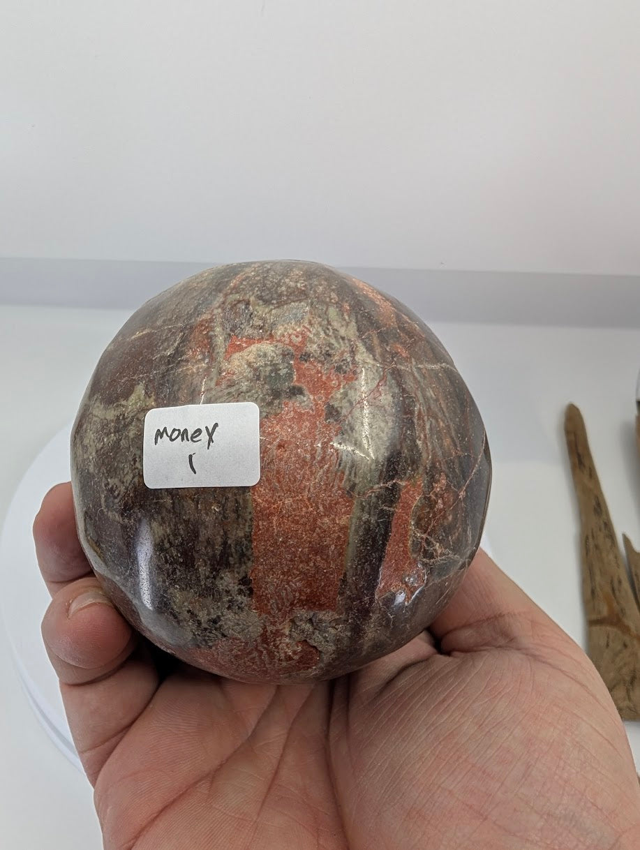 Base view of a money agate egg highlighting natural agate transitions