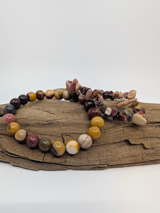 Mookaite Jasper bracelets set—8MM round and chip variants