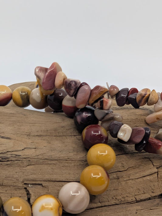 Close-up of Mookaite chip bracelet showing multicolor stones