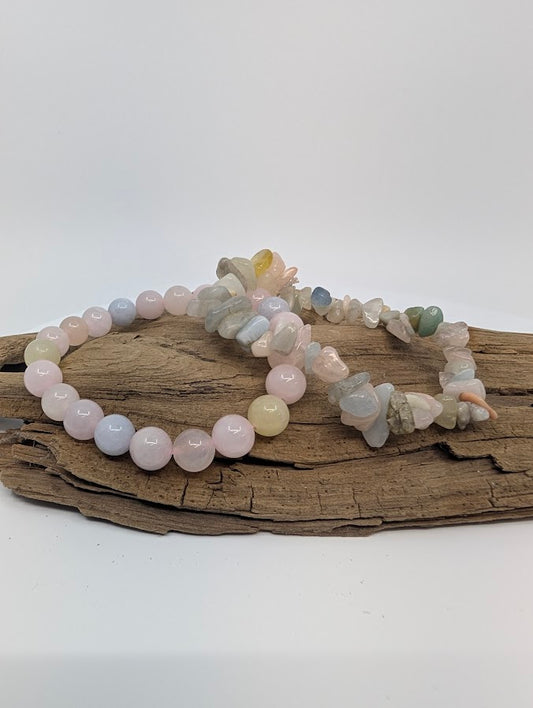 Morganite bracelets set — 8MM round and chip variants in pastel tones