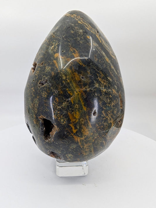 Ocean jasper egg piece B with darker green tones and orb clusters