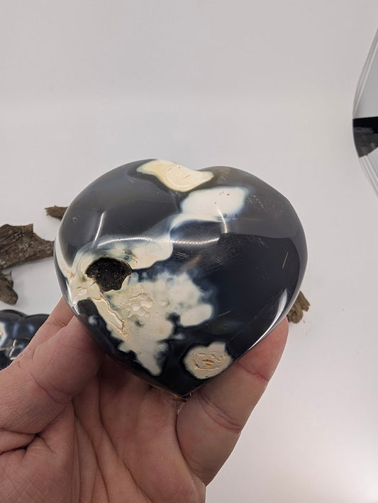 Hand holding Specimen B, a 315g Orca Agate heart with white cap pattern.