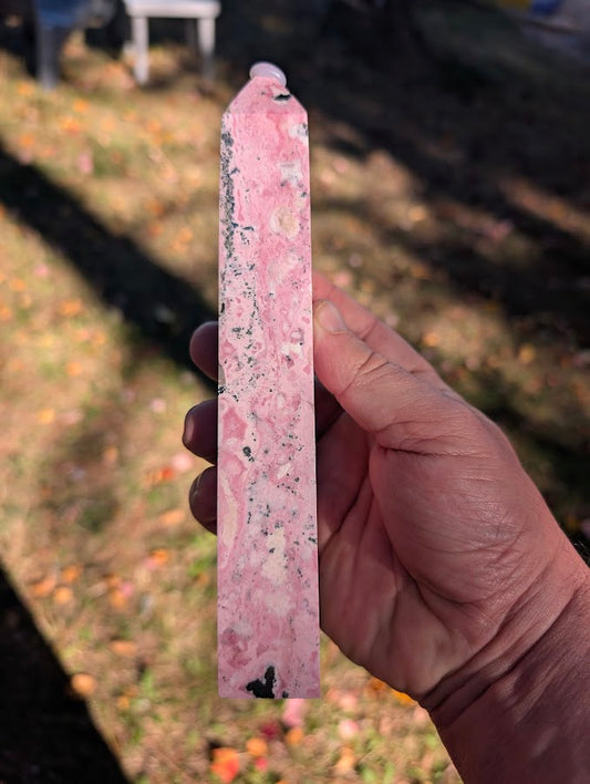 Left side of rhodonite tower #5 with flowing pink and subtle cream accents